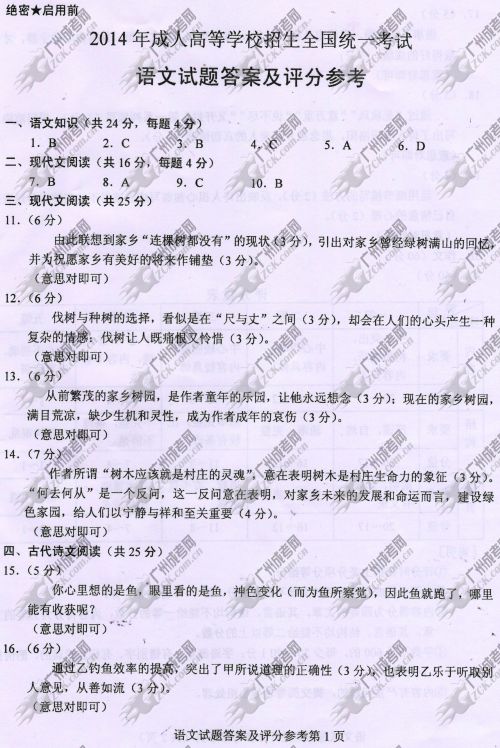 东莞成人高考2014年统一考试语文真题A卷参考答(图1)